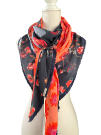 Navy-rood-oranje bloem dessin / koraal oranje bloemen print achterkant. Couture sjaal.