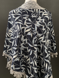 Navy-lichtblauw blaadjes / mini tulpen print, couture sjaal.