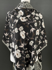 Navy kraanvogels / bloemen - Grijze panter print, couture sjaal.