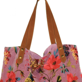 Mooie fluwelen shopper van Imbarro. Lila / roze. Paradise print.