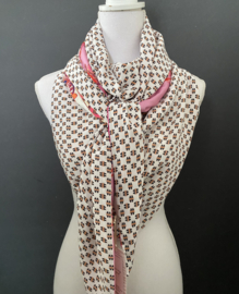 Roze - oranje randdesign met bloemen / offwhite mini blokje, couture sjaal