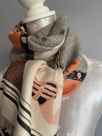 Langwerpige soft sjaal, Ecru, zacht oranje, grijs.