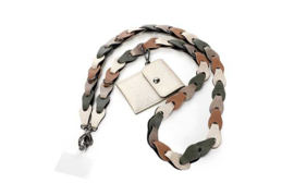Telefoon koord . Imitatie leer gevlochten. Army green / bruin / creme / champagne combi. + inlay card