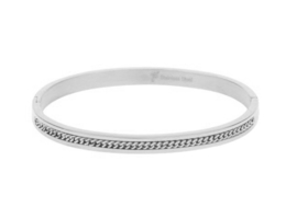 RVS (stainless steel) armband. (Bangle) ingelegd met “ketting”. Zilverkleurig.