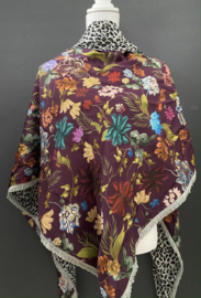 Aubergine bloemen dessin  - Grijze panter print, couture sjaal.