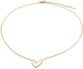 Stainless steel ketting met hart  in parelmoer. goudkleurig.