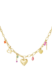 Grove RVS (stainless steel) ketting met hart / kleur bedels. Goudkleurig.