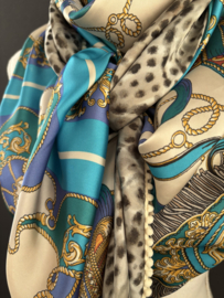 Camel - beige - Aqua kettingen design / mini dieren print,  couture sjaal