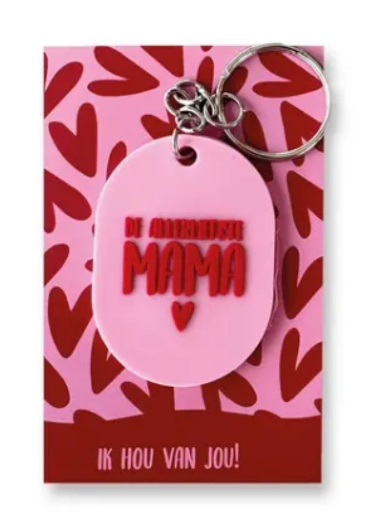 Sleutelhanger DE ALLERLIEFSTE MAMA. Roze-rood