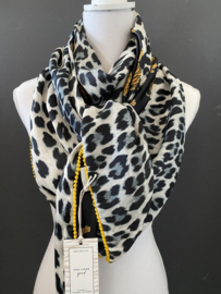 Satijn stof met gele panters / grijs panter dessin. Couture sjaal.