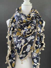 Navy - jeans- mosterd grote  bloemen print  / snakeprint,  couture sjaal.