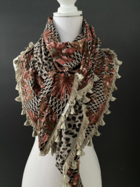 Fancy dessin in taupe - bordeaux rood / panter print, couture sjaal.