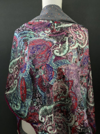 Groot kleurrijk fancy Paisley print  / navy-wit V-dessin. Couture sjaal