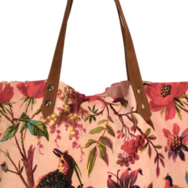 Mooie fluwelen shopper van Imbarro. Licht roze / soft pink. Paradise print.