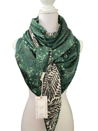 Donker groen satijn mini blaadjes / crème-zwart groot blad, couture sjaal