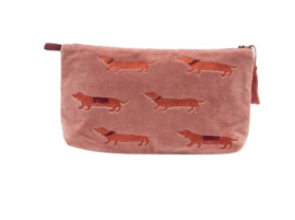 Mooie fluwelen teckel clutch / toilettas van Imbarro. borduur Noble, oudroze.