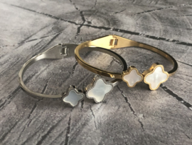 RVS (stainless steel) bangle Klik-armband. Ingelegd met echt parelmoer. Zilverkleurig.