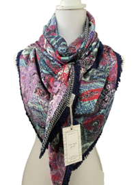 2) Groot kleurrijk fancy Paisley print  / navy-wit V-dessin. Couture sjaal