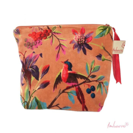 Mooie fluwelen clutch / toilettas  van Imbarro, paradise print, coral / koraal