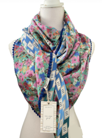 Olijfgroen - ecru bloem dessin / lichtbruine luipaard print. Couture sjaal