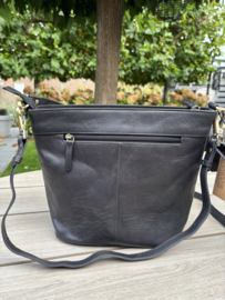 Bag 2 Bag  medium zwarte tas “ Braga “, écht leer + koeienhuid.