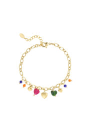 RVS (stainless steel) schakel armband met hart / kleur bedels. Goudkleurig.