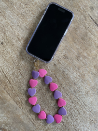 Telefoon sieraad / hanger grove harten, naturel combi + rvs slot.