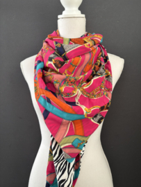 Fuchsia roze kleurrijk design / zwart-wit zebra achterkant, couture sjaal.