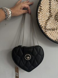 Imitatie leren tasje hart. Zwart. Dubbele ritsen. Zilver.