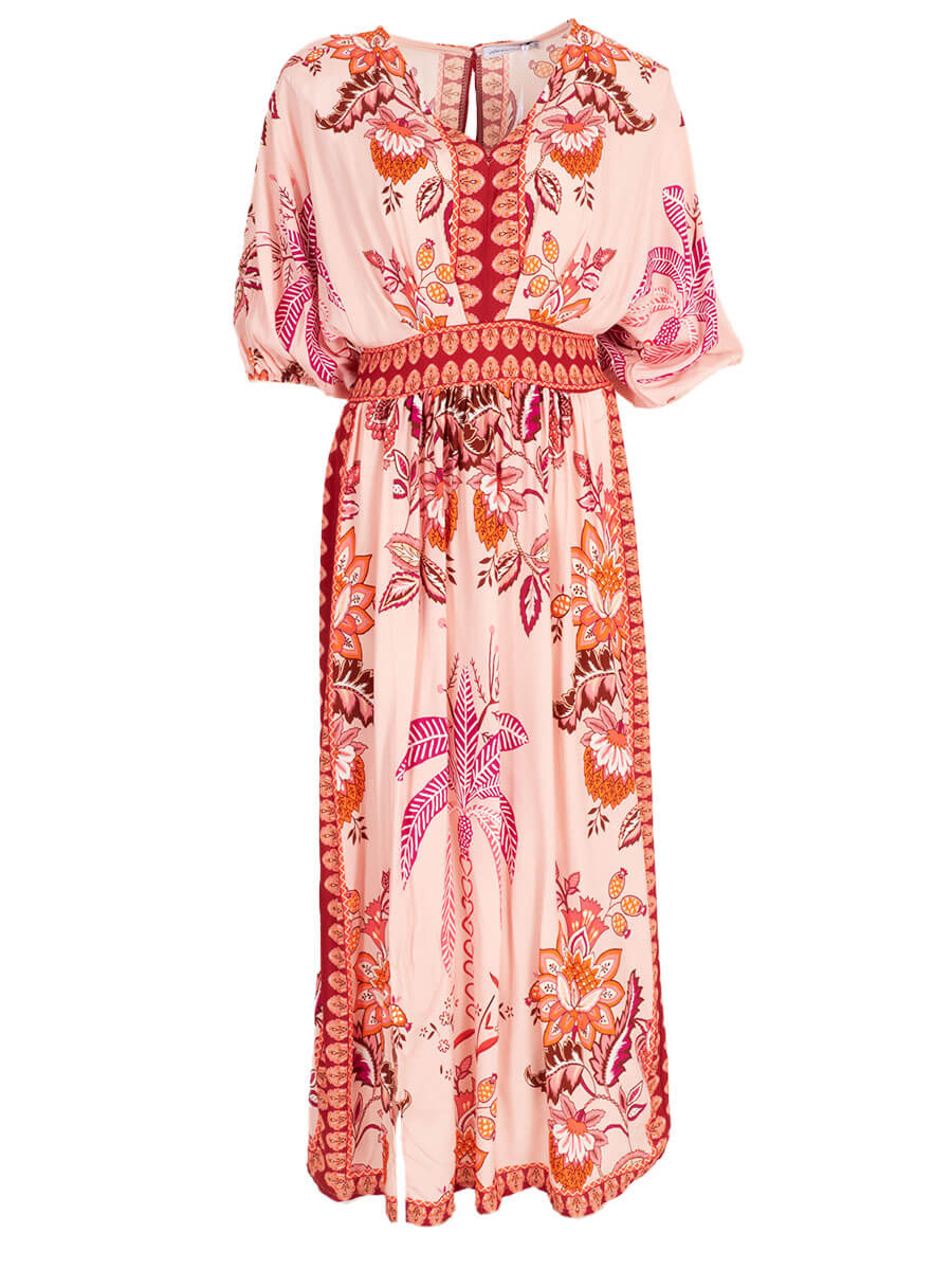 Lange jurk, lichtroze /oranje/rode jurk met mooie print.