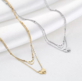 RVS (stainless steel) dubbele ketting met hartjes. Zilver of goud