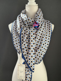 Groot blauw-roze bloem dessin / retro print in blauw-ecru achterkant. Couture sjaal.