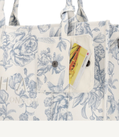 Laptop / werk / school tas van Charm. Crème canvas tas met blauwe Floral print.