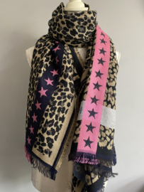 Jacquard geweven luipaard sjaal met tekst en kleur. Navy-roze
