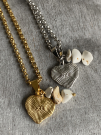 Lange ketting, stainless steel, Hart bedel + natuursteentjes.