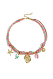 Multi colours zomer touw-ketting met RVS (stainless steel) Goudkleurig