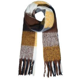 Langwerpige  dikke soft sjaal in kleur blokken. Bruin/oker