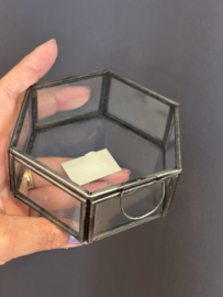 Glazen opberg box. Hexagon (6 hoekig). Antraciet metaal.