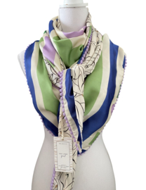 Blauw, ecru, groen, lila streep design / offwhite-taupe dessin,  couture sjaal