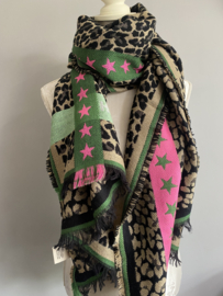 Jacquard geweven luipaard sjaal met tekst en kleur. Groen-roze