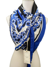 Groot vierkant design in kobalt blauw - wit / zwart mini stipje, couture sjaal