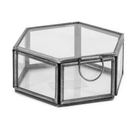 Glazen opberg box. Hexagon (6 hoekig). Antraciet metaal.