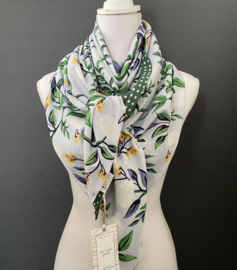 Lichtblauw - Groeb bloemen design / groen - witte stip, couture sjaal