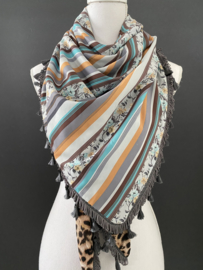 Streep-bloem dessin  / bruin panterprint. Couture sjaal.