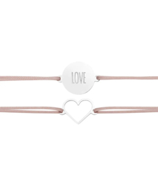 Vriendschaps armbandjes, LOVE. “One for you, One for me”. Zilver - Roze