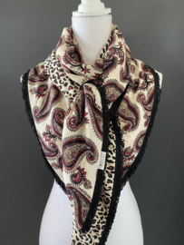 Paisley dessin in ecru - zwart - bordeaux rood / panter print, couture sjaal.