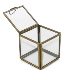 Glazen opberg box. Vierkant. Antiek goud / Brons metaal.