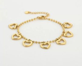 RVS (stainless steel) bolletjes armband met hart bedels. Zilver- of  Goudkleurig.