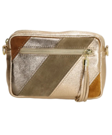 Rechthoekig Rainbow tasje. Bruin-rosé gold-army green.