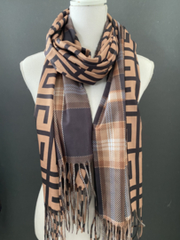 Double-face medium dikte sjaal met print. Camel/Zwart -ruit